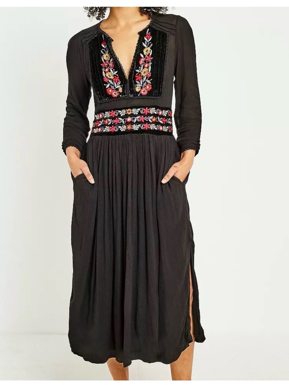 Free People Black Midi Dress with Colorful Floral Embroidery - Picture 9 of 9